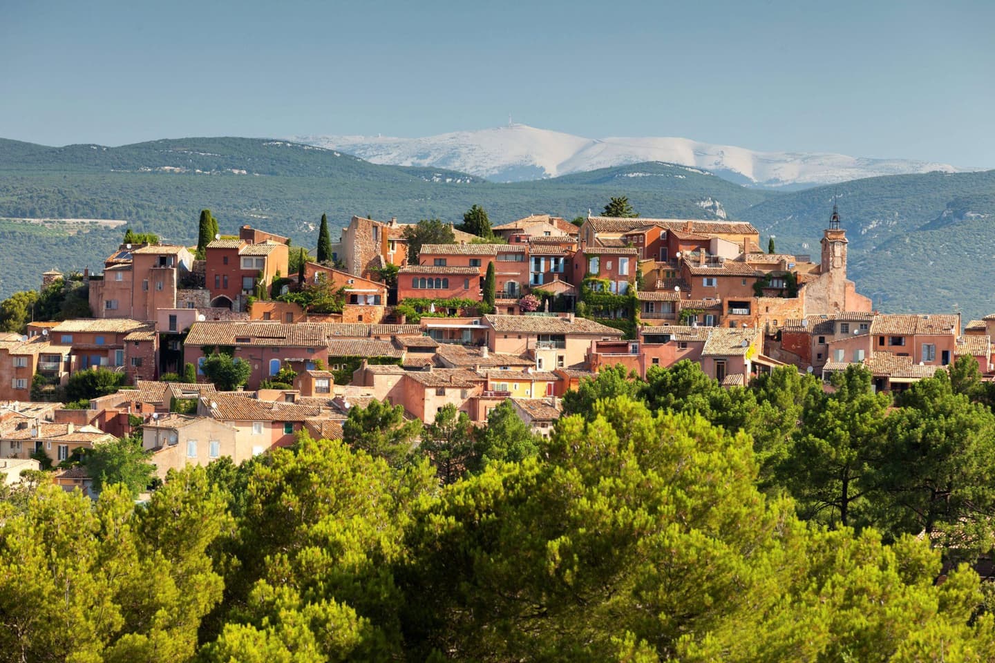 A scenic view of a picturesque village in Provence with Mont Ventoux in the background, surrounded by lush vineyards.