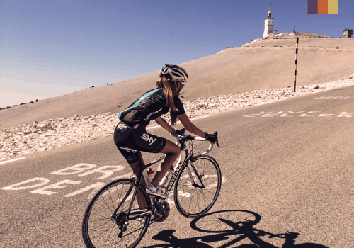 Female cyclist climbing Mont ventoux, france