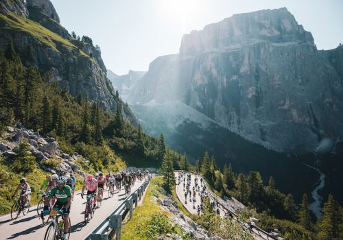 Cyclists climb the Passo Giau during the Maratona dles Dolomites sportive